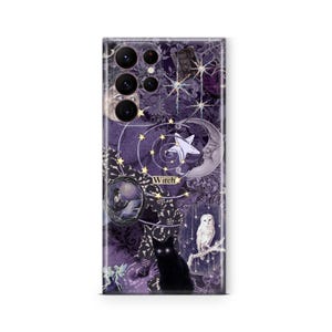 May include: A purple smartphone case featuring a collage of celestial and mystical imagery, including a crescent moon, a white owl, a black cat with glowing eyes, and stars. The word Witch is printed in the center in a small rectangular box.