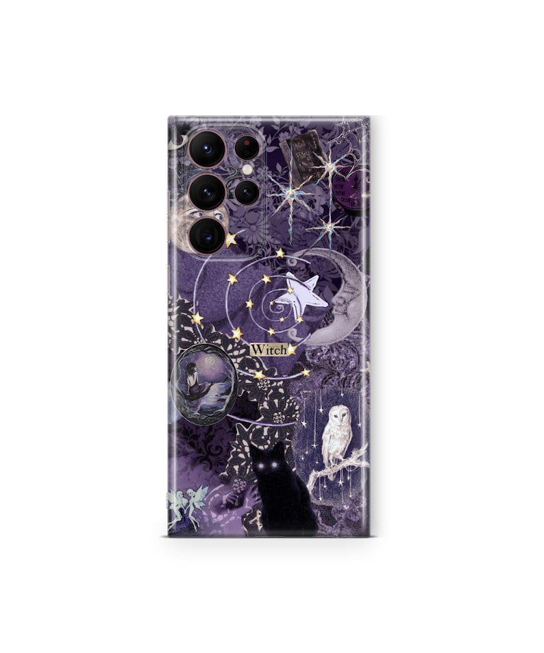 May include: A purple smartphone case featuring a collage of celestial and mystical imagery, including a crescent moon, a white owl, a black cat with glowing eyes, and stars. The word Witch is printed in the center in a small rectangular box.