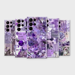 May include: Five smartphone cases featuring a purple collage design with various graphics including butterflies, flowers, stars, and text that reads this girl loves purple. Each case has a camera cutout array on the upper left corner.