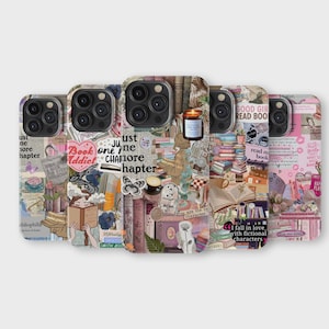 May include: Set of six phone cases featuring a collage of book-themed illustrations and text, including "Book Addict", "Just One More Chapter", and "Good Girl Read Book".