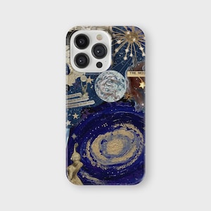 May include: A blue and gold galaxy-themed iPhone case with a collage of images, including a moon, stars, and a quote about love. The text "THE MOON" is visible in the top right corner.