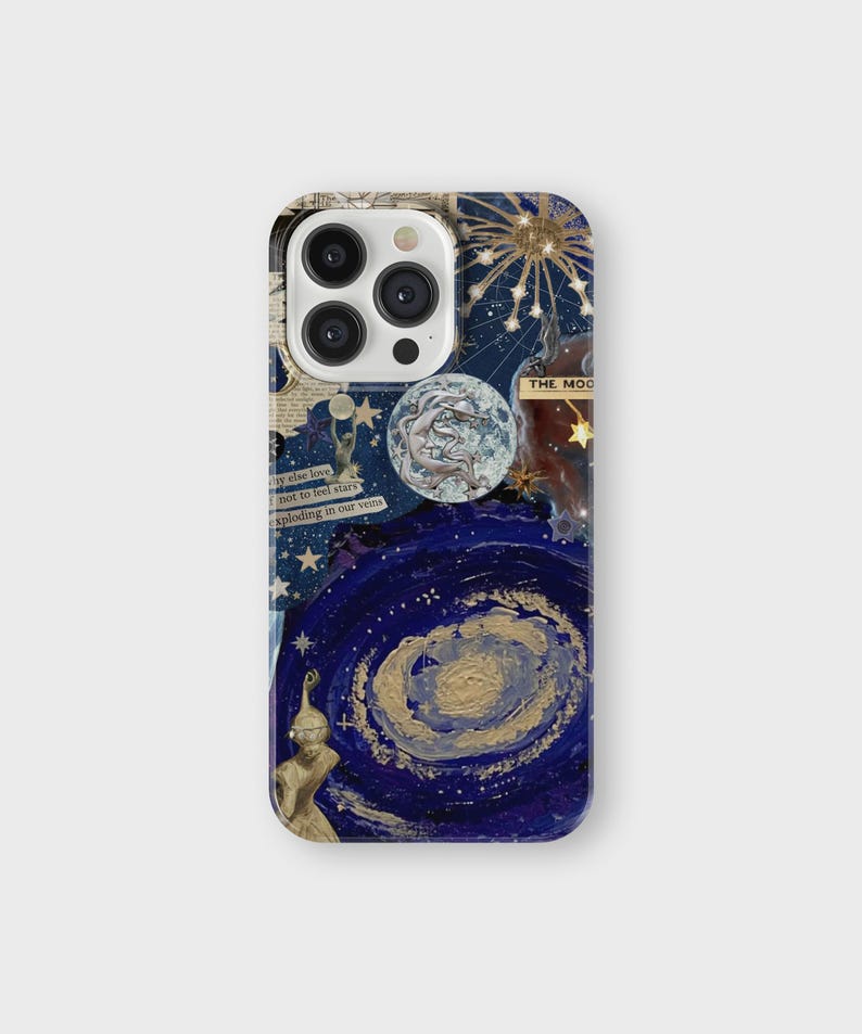 May include: A blue and gold galaxy-themed iPhone case with a collage of images, including a moon, stars, and a quote about love. The text "THE MOON" is visible in the top right corner.