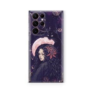 May include: A rectangular smartphone case featuring a dark purple cosmic background with stars and planets. The design depicts a person with long wavy dark hair, a black cat, and a large pale pink moon. Red floral accents are visible in the hair.