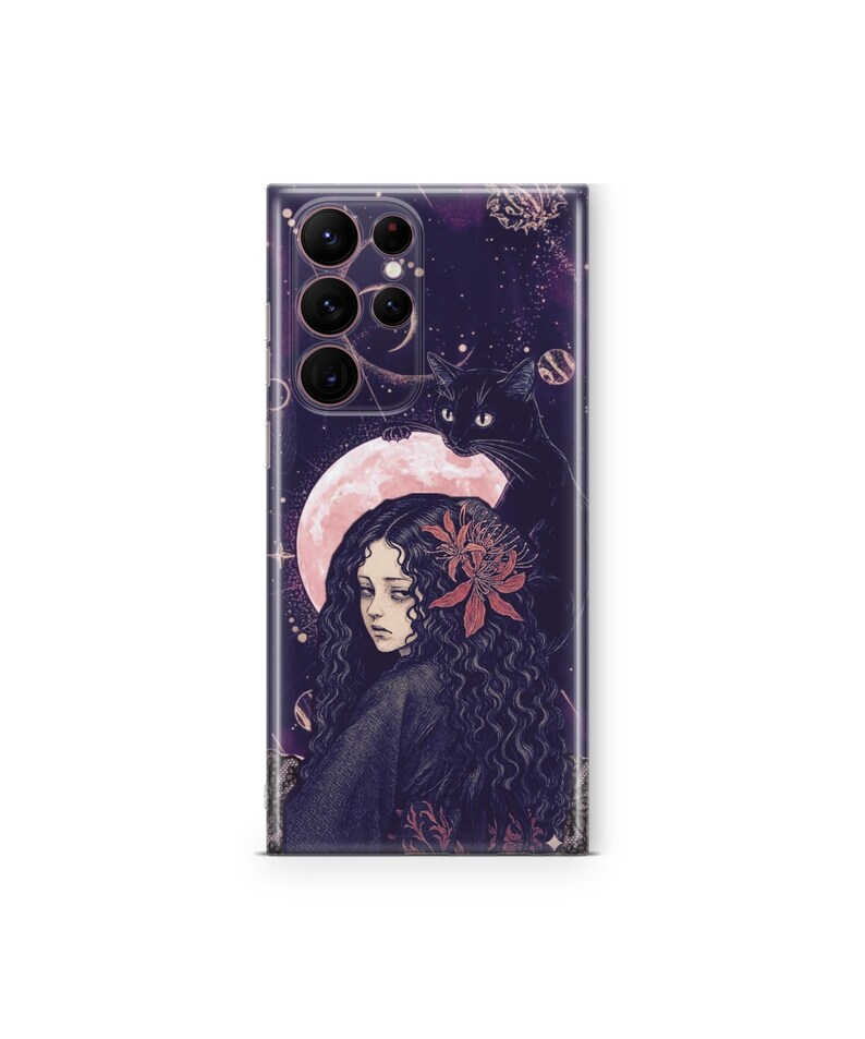 May include: A rectangular smartphone case featuring a dark purple cosmic background with stars and planets. The design depicts a person with long wavy dark hair, a black cat, and a large pale pink moon. Red floral accents are visible in the hair.