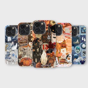 Puede incluir: Cinco fundas para teléfono con diseños de Halloween. Cada funda presenta un collage único de elementos espeluznantes, incluyendo calabazas, fantasmas, murciélagos y el texto "13". La paleta de colores incluye naranja, negro, azul y blanco.
