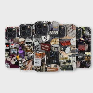 Op de afbeelding: Een verzameling telefoonhoesjes met een collage-ontwerp met muziekinstrumenten en tekst. De hoesjes tonen afbeeldingen van drums, piano's en andere muziekgerelateerde items. Sommige hoesjes hebben de tekst "Bands Only" en "Playlist".