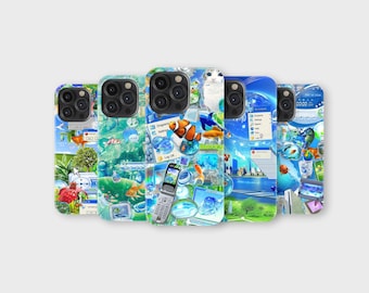 May include: A collection of phone cases with vibrant, collage-style designs. Each case features a unique mix of aquatic and digital imagery, including fish, computer interfaces, and a flip phone, set against a blue and green backdrop.