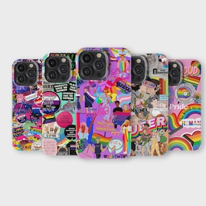 Puede incluir: Cinco fundas de teléfono diferentes con un tema de orgullo arcoíris. Cada funda presenta un collage de pegatinas coloridas, gráficos y texto relacionados con el orgullo LGBTQ+. Las fundas son todas de color rosa, morado y azul.