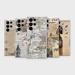 May include: A collection of phone cases with a vintage newspaper collage design. The cases feature black camera lenses and are adorned with various newspaper clippings, headlines, and images. The color palette includes shades of beige, black, and white.