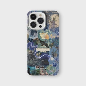 May include: A blue and white phone case with a collage of images, including a fairy, a moon, and stars. The text "The Moon Fairy" and "she walked in moon dust and stars were sprinkled in her hair" is visible on the case.