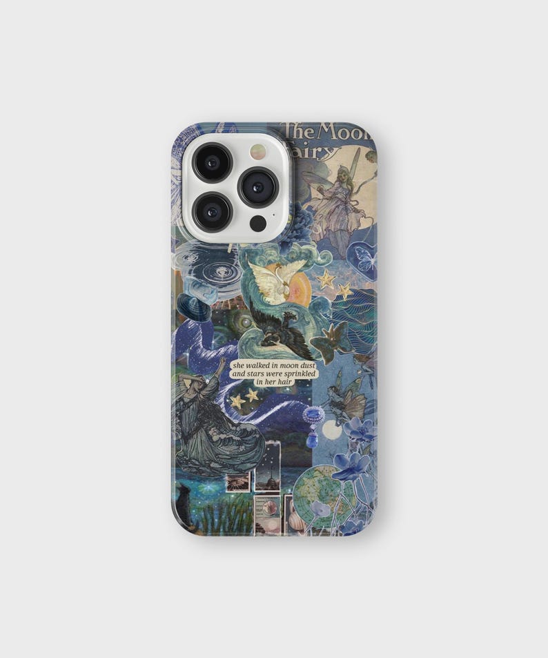 May include: A blue and white phone case with a collage of images, including a fairy, a moon, and stars. The text "The Moon Fairy" and "she walked in moon dust and stars were sprinkled in her hair" is visible on the case.
