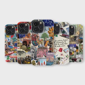 Puede incluir: Cinco fundas de teléfono diferentes con un collage de imágenes y texto relacionados con Líbano. Las fundas presentan una variedad de colores y patrones, incluyendo rojo, blanco, azul, verde y amarillo. El texto en las fundas incluye las palabras "Líbano", "Beirut" y "شارع لبنان".