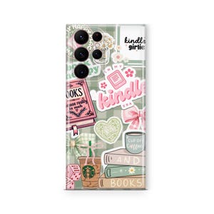 May include: A phone case with a collage design featuring books, coffee, and the text "kindle girlie." The case has a green and white checkered background with pink and white accents, including a bow and floral elements.