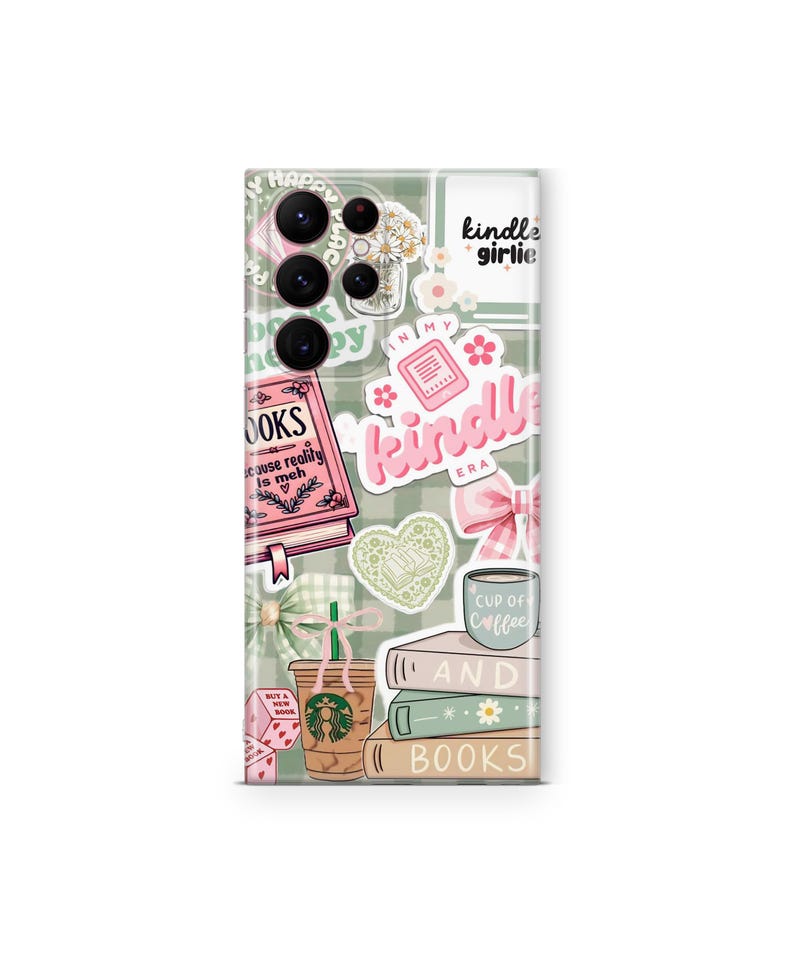 May include: A phone case with a collage design featuring books, coffee, and the text "kindle girlie." The case has a green and white checkered background with pink and white accents, including a bow and floral elements.