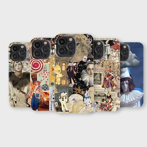 Puede incluir: Una colección de fundas para teléfonos con diseños de collage únicos. Cada funda presenta una imagen diferente de inspiración vintage, incluyendo artistas de circo, retratos y patrones abstractos. Las fundas tienen un acabado brillante y están diseñadas para varios modelos de teléfonos.