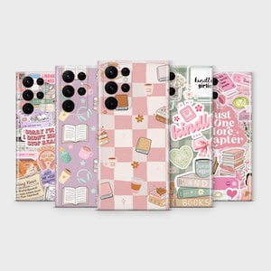 May include: Five phone cases with book-themed designs. The cases feature patterns like checkerboard, and illustrations of books, coffee cups, and stickers. Some cases have text that reads "Kindle Girlie" and "Just One More Chapter."