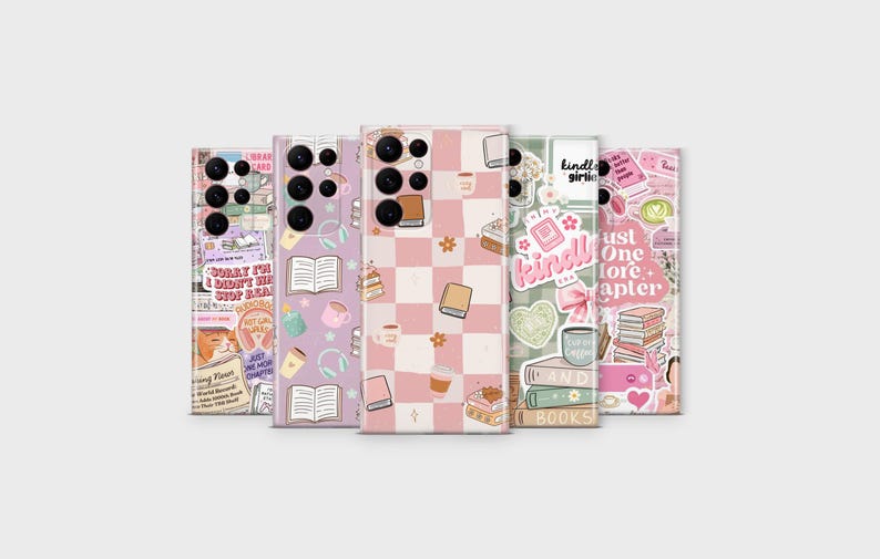 May include: A collection of five phone cases with book-themed designs. The cases feature various patterns, including checkerboard, and illustrations of books, coffee cups, and stickers. Some cases have text that reads "Kindle Girlie" and "Just One More Chapter."