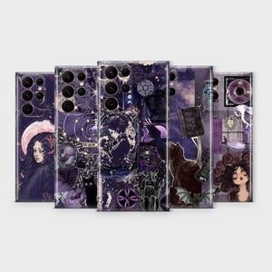 May include: A collection of five smartphone cases featuring dark purple and black collage designs. The graphics include illustrations of figures, cats, celestial elements, and various symbols, all arranged in a layered, artistic composition.