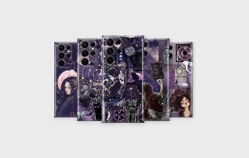 May include: A collection of five smartphone cases featuring dark purple and black collage designs. The graphics include illustrations of figures, cats, celestial elements, and various symbols, all arranged in a layered, artistic composition.
