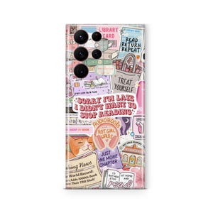 May include: A phone case with a collage of book-themed stickers. The stickers include phrases like "Sorry I'm late, I didn't want to stop reading," "Read, Return, Repeat," and "Treat Yourself." Other stickers feature books, library cards, and a cat.