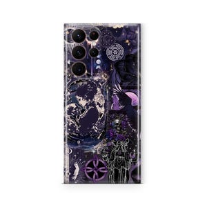 May include: A rectangular smartphone case featuring a dark purple and black collage design. The graphic includes illustrations of a person with a skull, a raven, a triple goddess figure, a Celtic knot, and celestial elements like stars and moons.