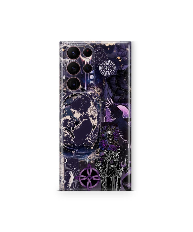 May include: A rectangular smartphone case featuring a dark purple and black collage design. The graphic includes illustrations of a person with a skull, a raven, a triple goddess figure, a Celtic knot, and celestial elements like stars and moons.
