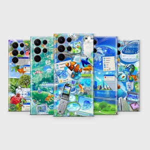 Puede incluir: Una colección de fundas para teléfonos con diseños únicos. Cada funda presenta un collage diferente de imágenes, incluyendo peces, un gato y gráficos relacionados con la informática. Las fundas tienen un acabado brillante y están diseñadas para un smartphone.