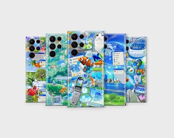 May include: A collection of phone cases with unique designs. Each case features a different collage of images, including fish, a cat, and computer-themed graphics. The cases have a glossy finish and are designed to fit a smartphone.