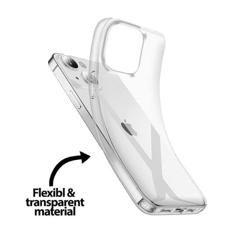 K&ouml;nnte beinhalten: Transparente, flexible Handyh&uuml;lle. Die H&uuml;lle bedeckt teilweise ein Telefon, mit dem Text "Flexibl & transparent material" und einem gebogenen Pfeil.