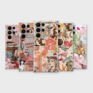 May include: A collection of phone cases with a Western theme. Each case features a collage of vintage-style illustrations, including cowgirls, cacti, and the text "Cowgirl Club" and "The World Needs More Cowboys". The color palette includes pink, beige, and brown.