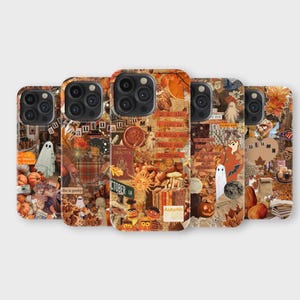 May include: A collection of phone cases with autumn-themed designs. Each case features a collage of fall elements, including pumpkins, ghosts, leaves, and text. The color palette is warm, with shades of orange, brown, and beige.