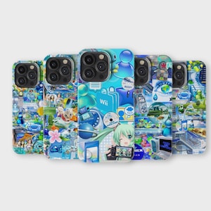 Puede incluir: Una colección de cinco fundas para teléfonos con diseños vibrantes y detallados. Cada funda presenta un collage único de imágenes azules y blancas, incluyendo personajes de anime, elementos de juego y la palabra "Wii". Las fundas están diseñadas para varios modelos de teléfonos.