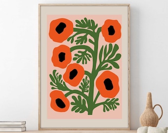 Boho Botanical Print, Orange and Green Abstract Botanical Flowers Print, Abstract Floral Wall Art, Printable Large Wall Art Digital Download