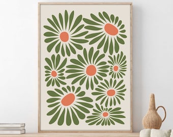 Retro Flower Pattern Digital Print - Vintage Aesthetic Poster Design - Instant Downloadable Wall Art, Orange and Green Wall Art Prints