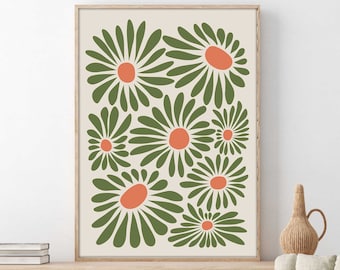 Abstract Flower Print, Abstract Botanical Print, Orange and Green Wall Art Prints, DIGITAL DOWNLOAD, Printable Boho Flower Art