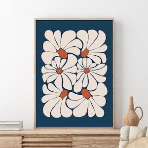 Abstract Botanical Flowers Print, Navy Blue and Orange Wall Art, Digital Download Wall Print, Abstract Flower Poster Boho Printable Art