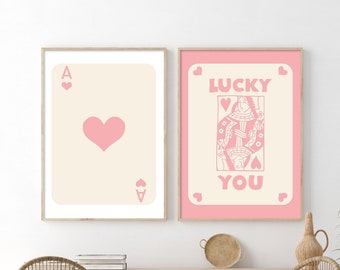 Trendy Retro Wall Art Set Of 2, Retro Trendy Aesthetic Print, Pink Ace Card Poster, Lucky You Poster, Trendy Wall Art, Funny Art, Digital,