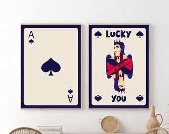 Trendy Retro Wall Art Set Of 2, Retro Trendy Aesthetic Print, Blue Ace Card Poster, Lucky You Poster, Trendy Wall Art, Funny Art, Digital