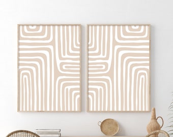 Abstract Line Art Set of 3 Prints, Neutral Printable Wall Art, Beige ...
