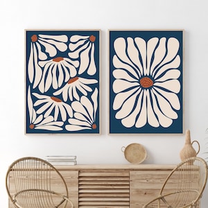 Abstract Flower Print, Abstract Botanical Print, Indigo Blue and Burnt Orange Wall Art, DIGITAL DOWNLOAD, Printable Boho Flower Art