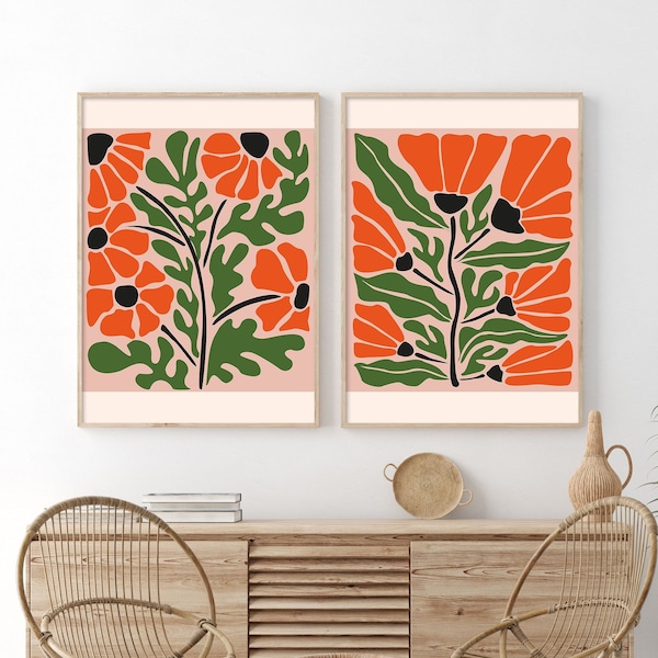 Boho Botanical Print, Orange and Green Abstract Botanical Flowers Print, Abstract Floral Wall Art, Printable Large Wall Art Digital Download