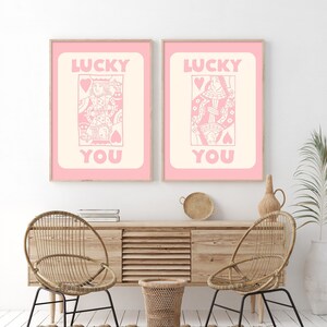 Pink Lucky You Print, Trendy Retro Wall Art, Retro Trendy Aesthetic Print, Pink Ace Card Poster, Trendy Wall Art, Funny Art Print Set