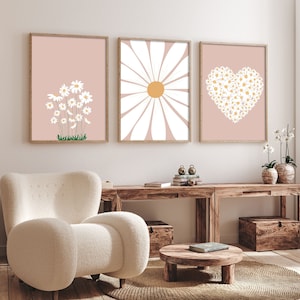 Abstract Daisy Print Set of 3, Daisy Wall Art, Botanical Wall Art, Flower Art Print Set of 3, Botanical Poster Daisy Art Print