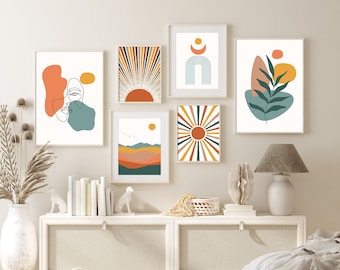 May include: Five abstract art prints in a minimalist style with a boho theme. The prints feature geometric shapes, sunbursts, and line art in shades of orange, yellow, green, and blue.