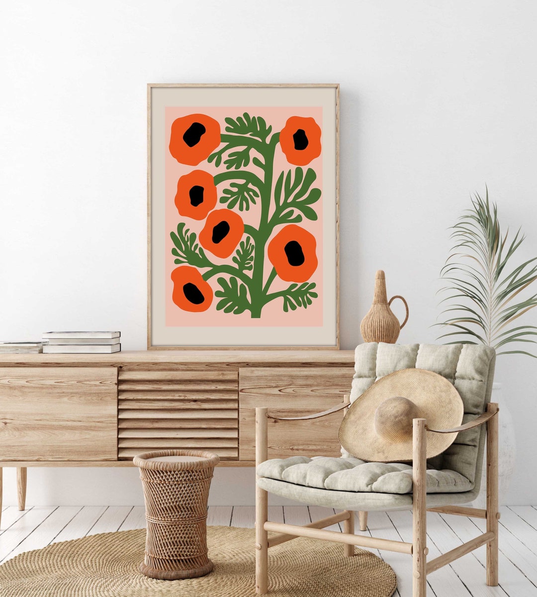 Boho Botanical Print, Orange and Green Abstract Botanical Flowers Print ...