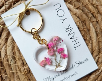 Bridal Shower Favors: Dried Pink Flowers Heart-Shaped Keychain
