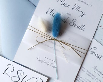Floral wedding invitation. Elegant wedding invitation. Boho wedding. Rustic wedding invitation. Bunny tail wedding invitation.
