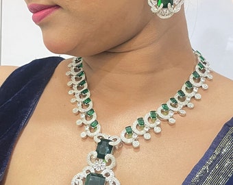 Nita Ambani inspired Diamond Green Long Necklace | Statement necklace | Celebrity jewelry | Green American diamond necklace Set |