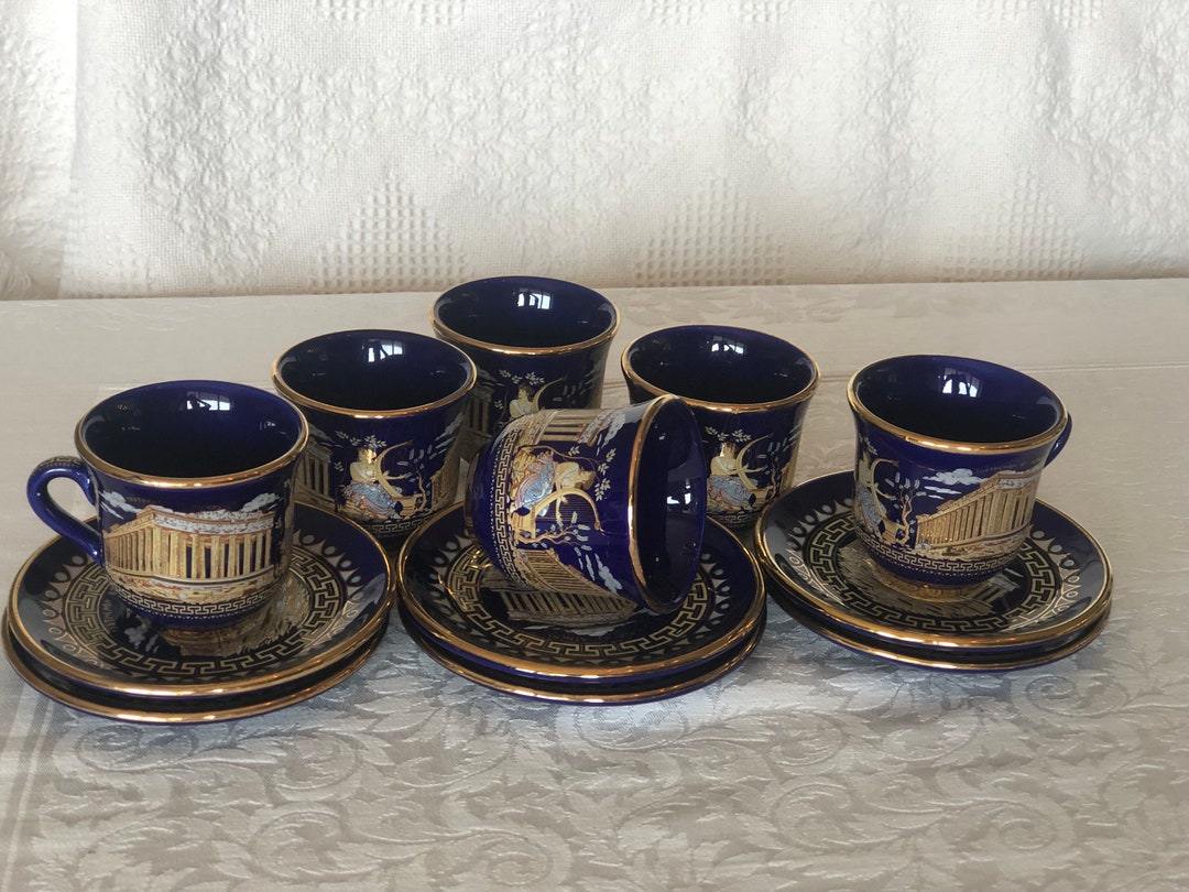 Vintage EK Hand Made in Greece Tea/coffee Cups Navy Blue 24K Gold Trim ...
