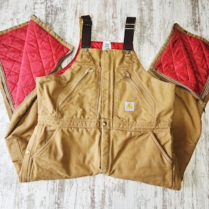 Vintage Carhartt Mens Brown Duck Insulated Zip Bib Overalls Red Quilt Lined Size 40x28 Double Knee Canvas Vintage Workwear